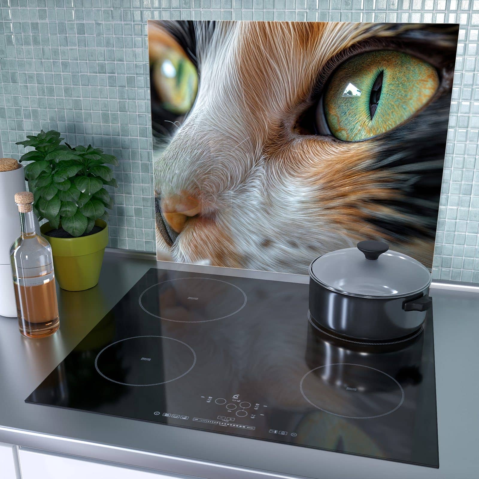 1-teilige Herdabdeckplatte mit Grünäugige Katze-Motiv als Spritzschutz hinter dem Kochfeld