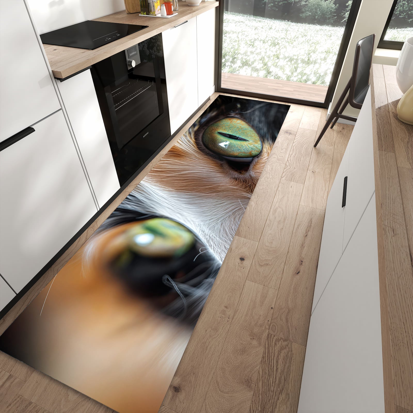 UV-beständiger Küchenteppich mit Motiv Katzenaugen in moderner Küche