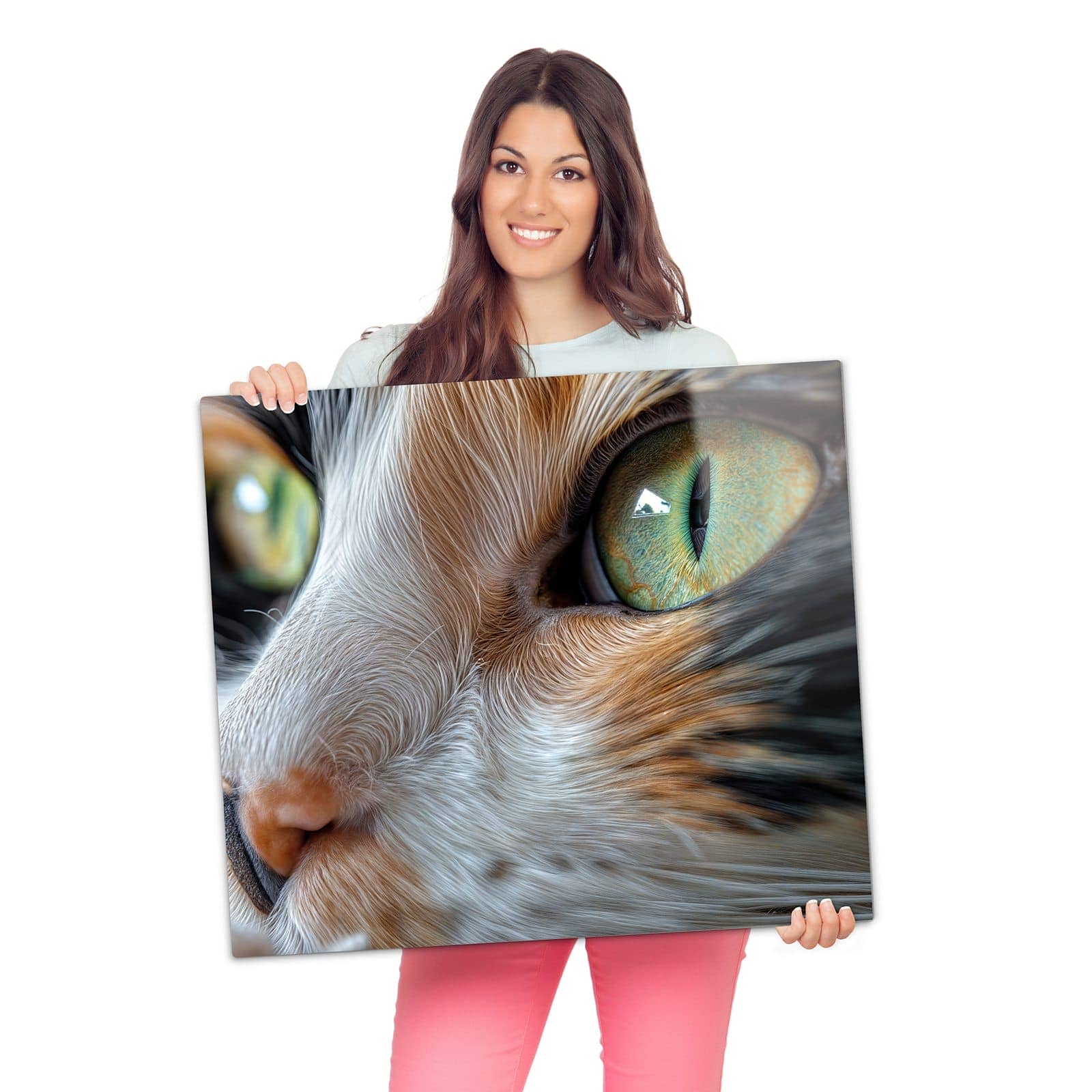 Abdeckplatten für Ceranfeld mit Grünäugige Katze-Motiv wird zur Größendarstellung gehalten