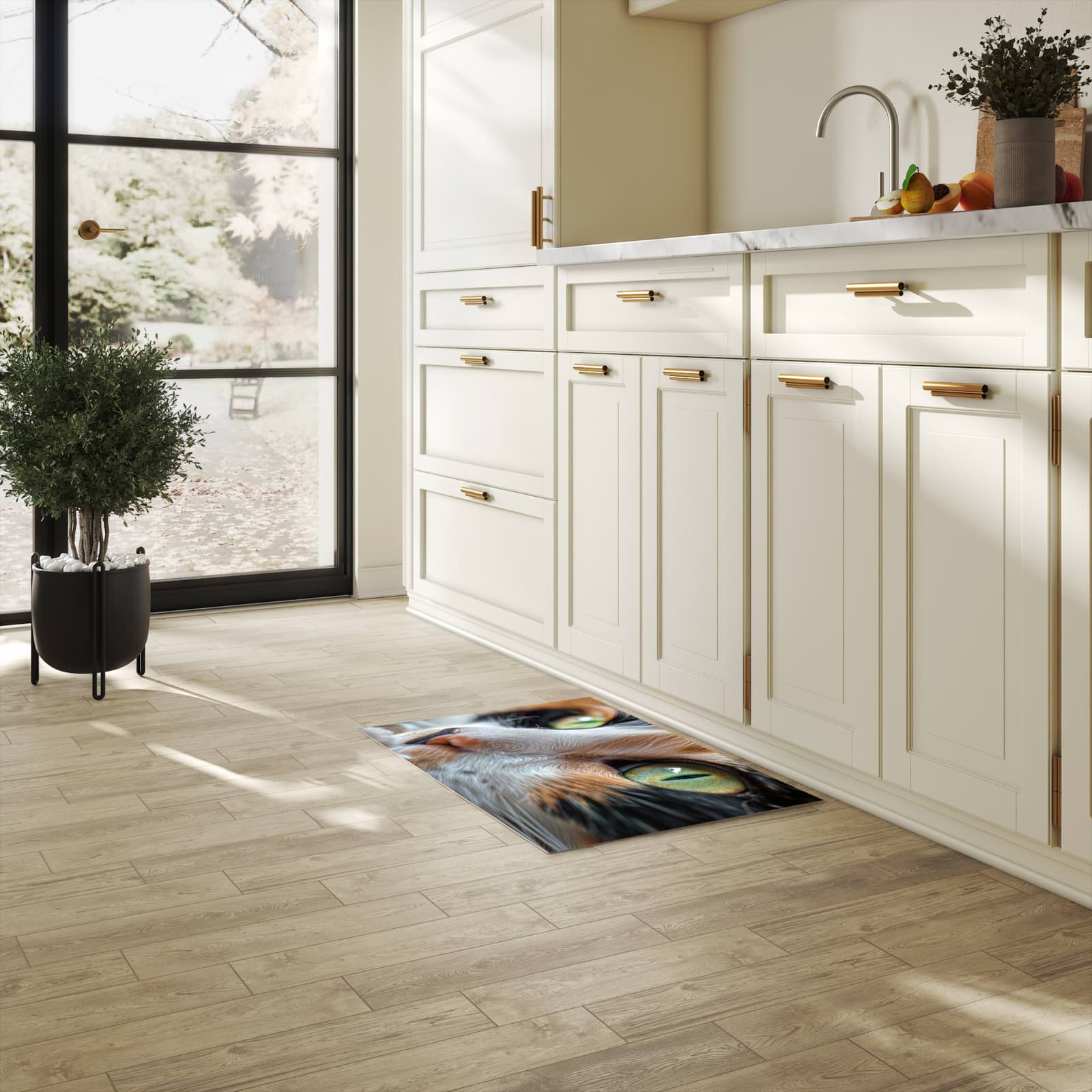 Abwaschbarer Küchenläufer mit Motiv Katzenaugen in heller Küche für angenehme Haptik