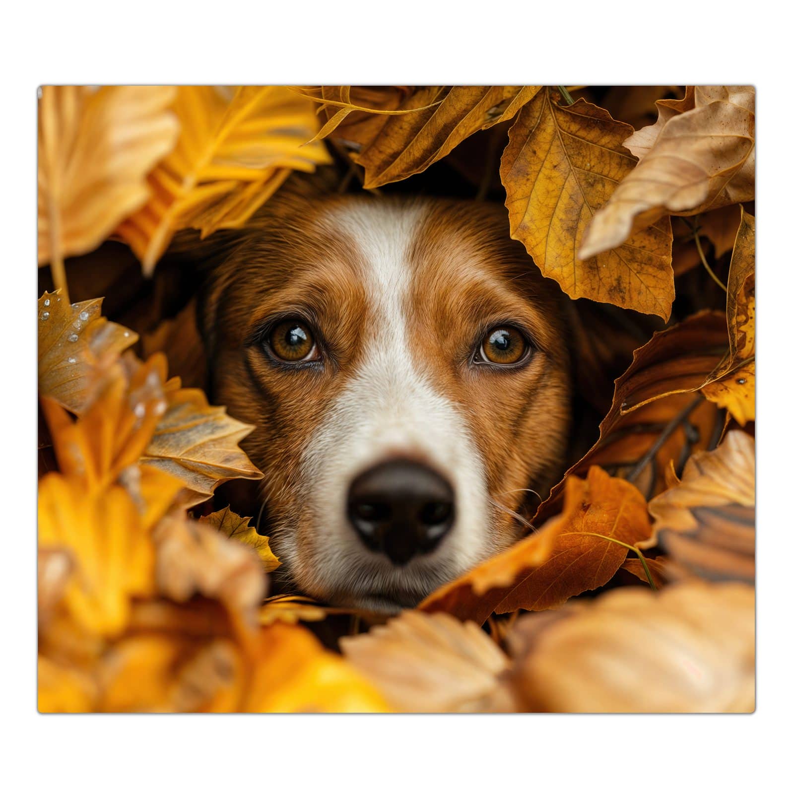 1-teilige Herdabdeckplatte mit Hund im Herbstlaub-Motiv in der Frontansicht #grösse_1-Teilig (60x52cm)