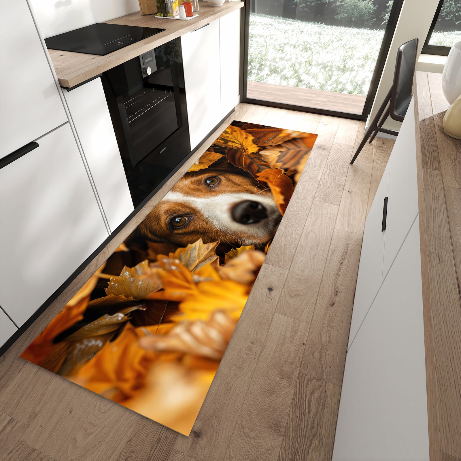 Hygienischer Küchenteppich mit Motiv Hund im Herbstlaub in moderner Küche - waschbar