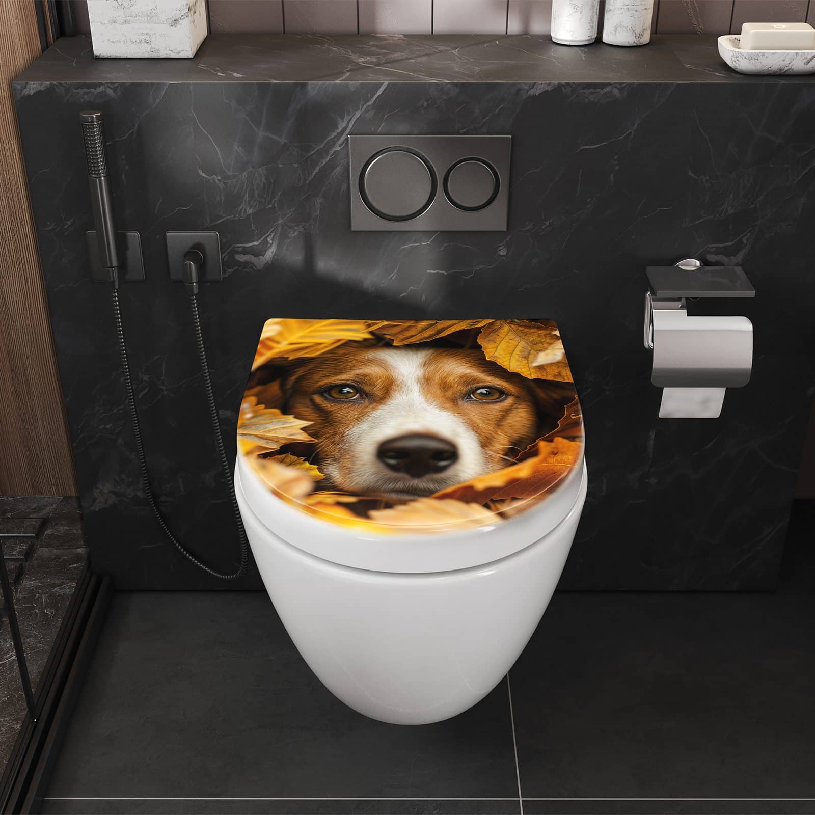 WC-Sitz mit Absenkautomatik Hund im Herbstlaub