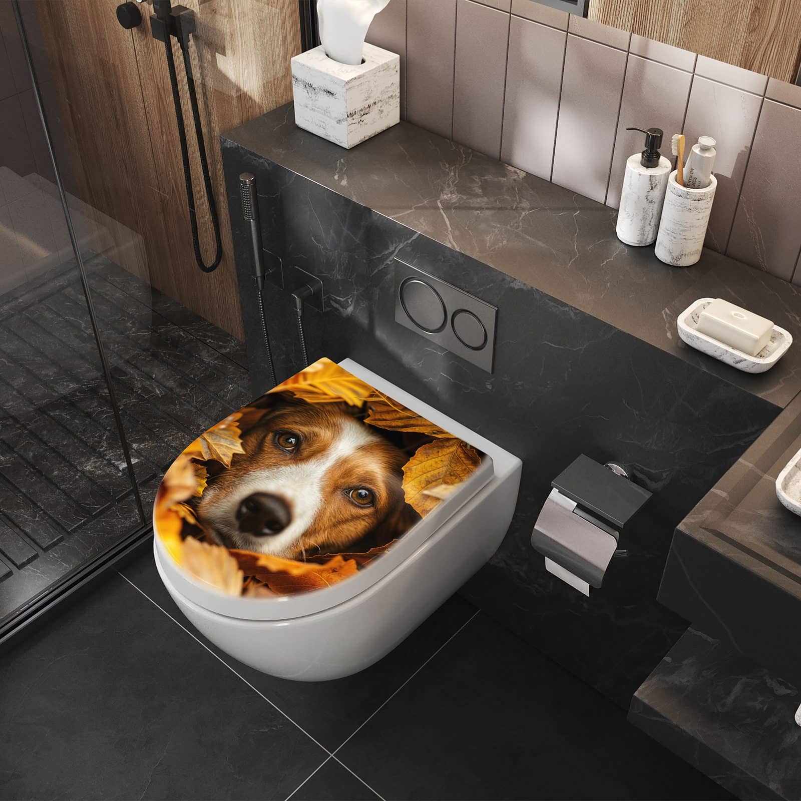 WC-Sitz mit Absenkautomatik Hund im Herbstlaub