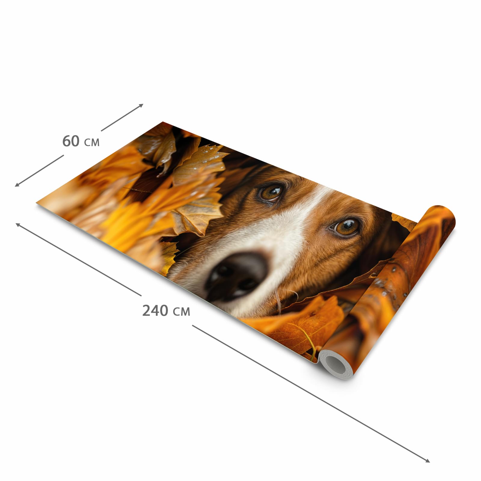 Formstabiler waschbarer Küchenteppich mit Motiv Hund im Herbstlaub in der Grösse 60x300 cm