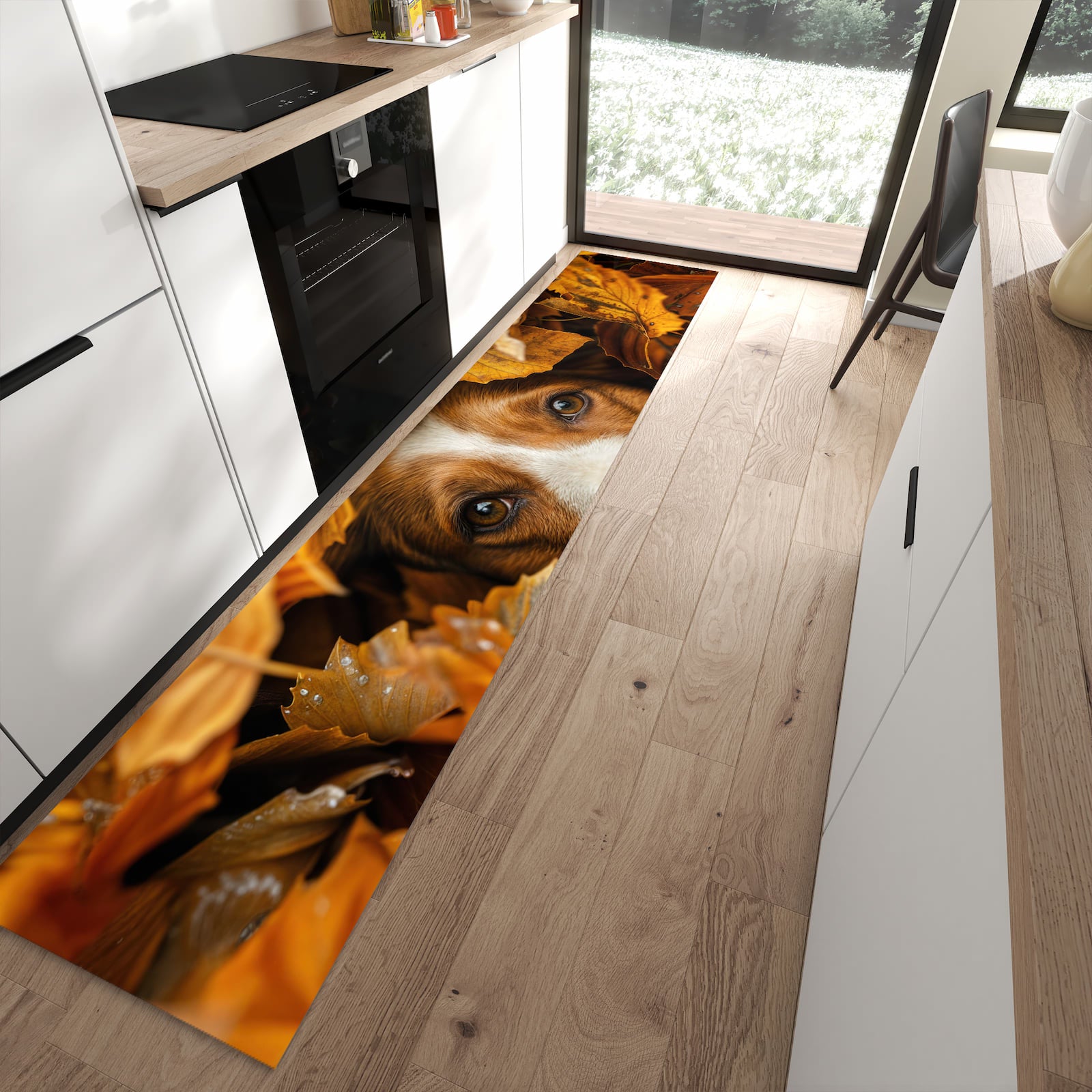 Rutschfester waschbarer Küchenteppich mit Motiv Hund im Herbstlaub in moderner Küche