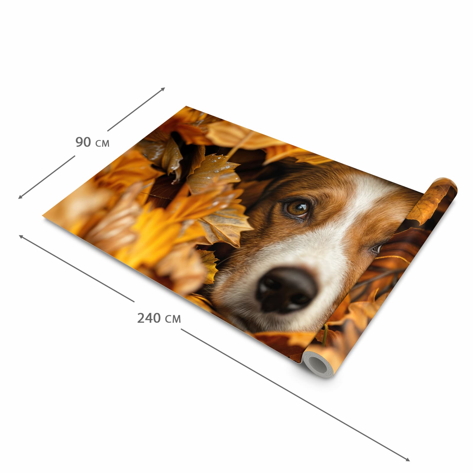 Schmutzabweisender Küchenteppich mit Motiv Hund im Herbstlaub in der Größe 60x300 cm