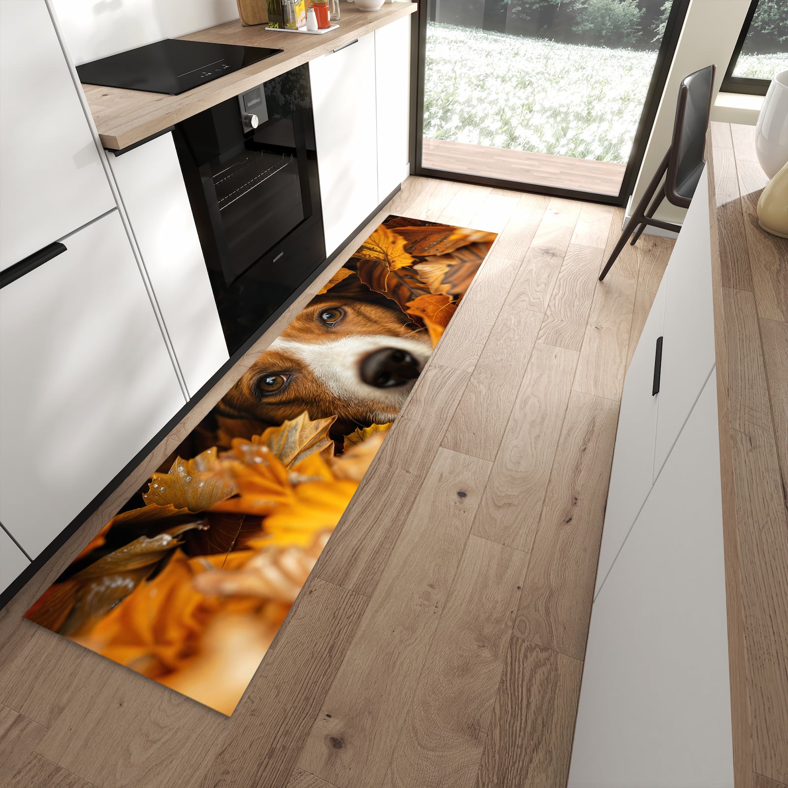 Pflegeleichter Küchenteppich mit Motiv Hund im Herbstlaub in moderner Küche