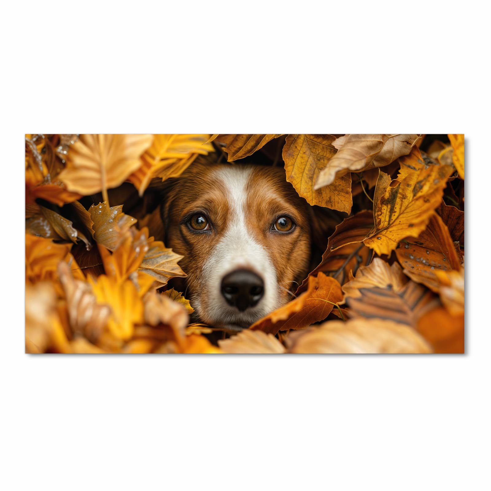 Bodenschonender moderner Küchenläufer mit Motiv Hund im Herbstlaub in Frontansicht