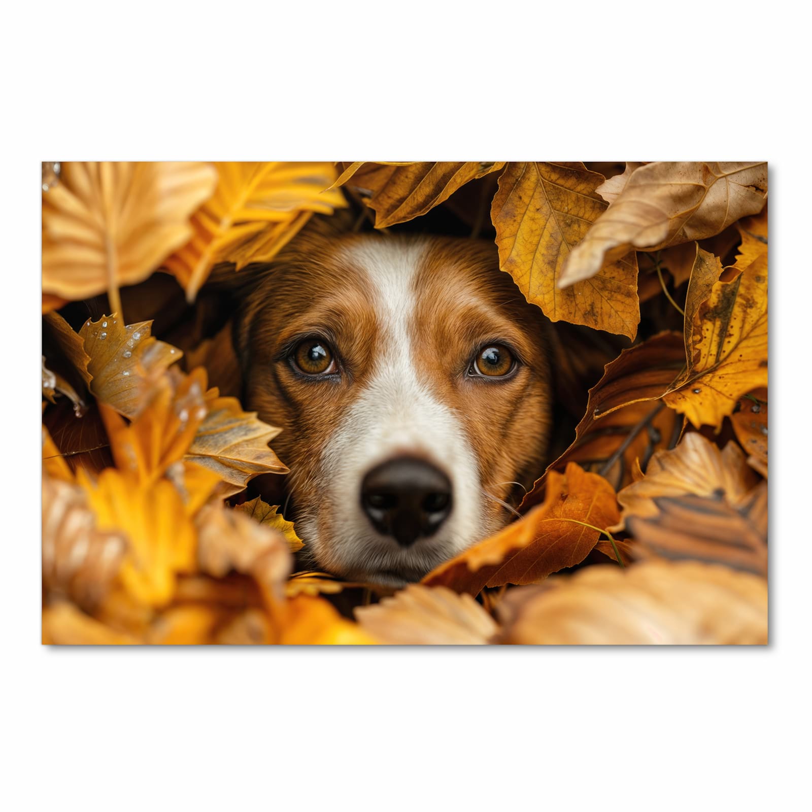 Abriebfester Küchenteppich mit Motiv Hund im Herbstlaub in Frontansicht