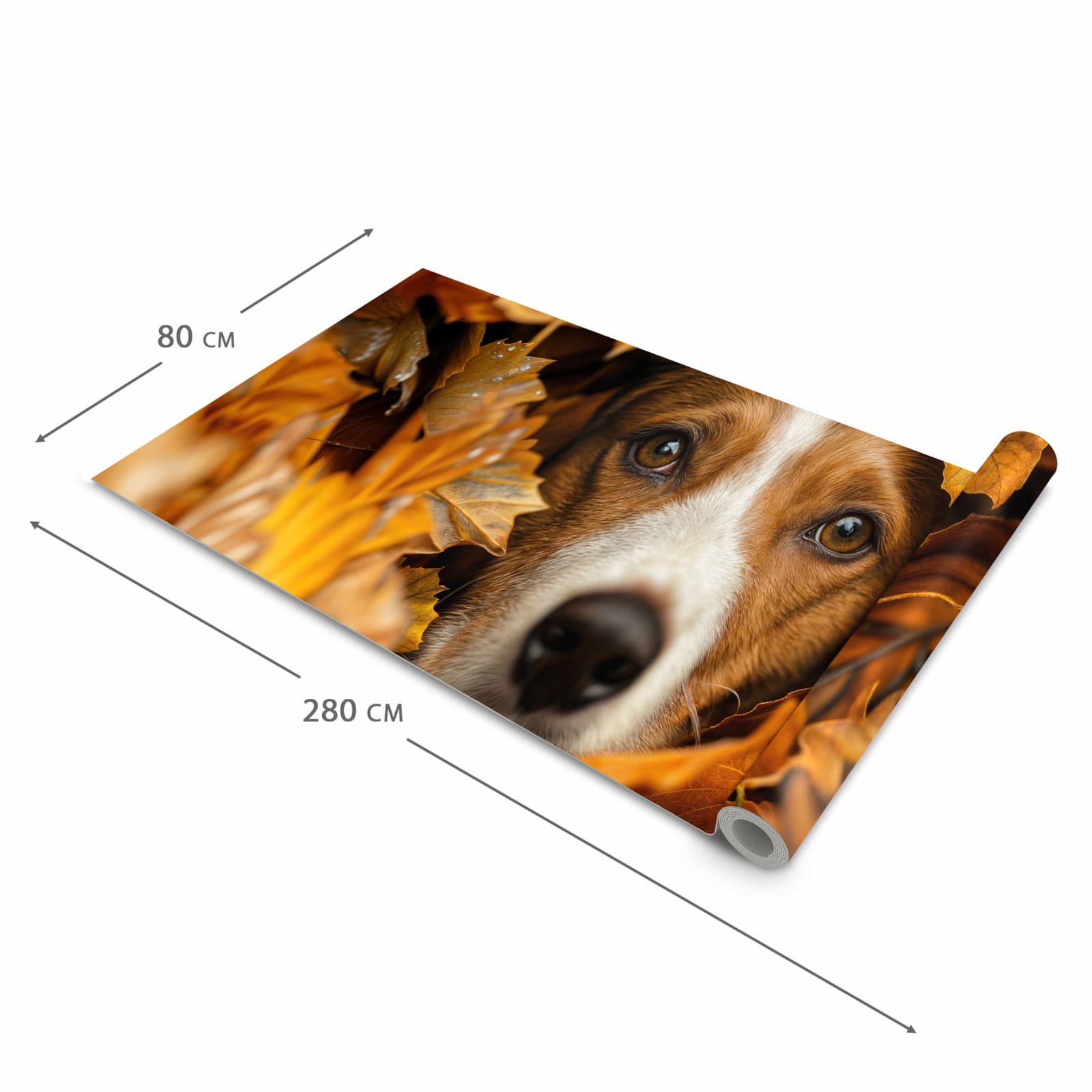 Großer Küchenteppich mit Motiv Hund im Herbstlaub in der Grösse 60x300 cm für Trittkomfort
