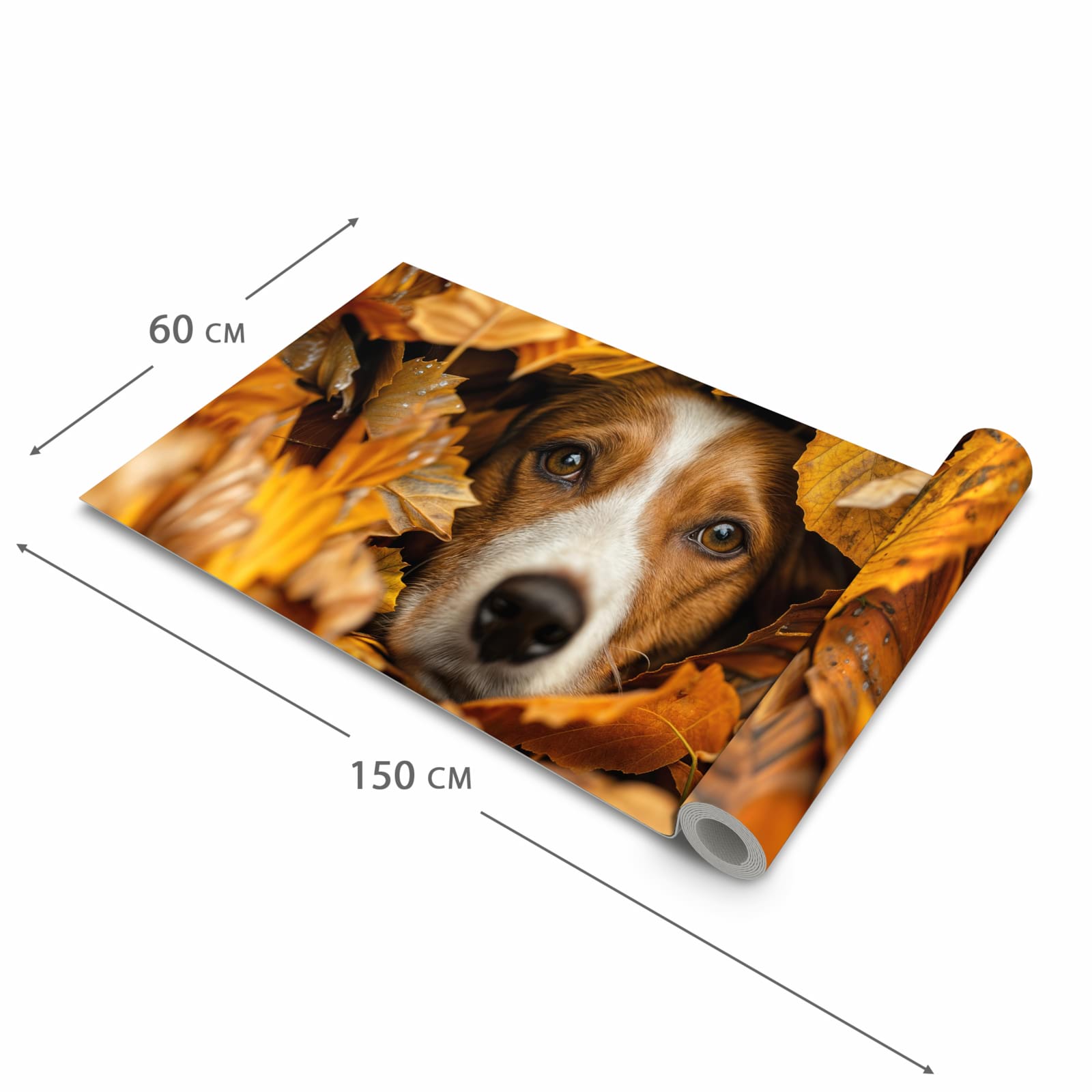 Bodenschonender Bodenläufer Teppich mit Motiv Hund im Herbstlaub in der Grösse 60x300 cm