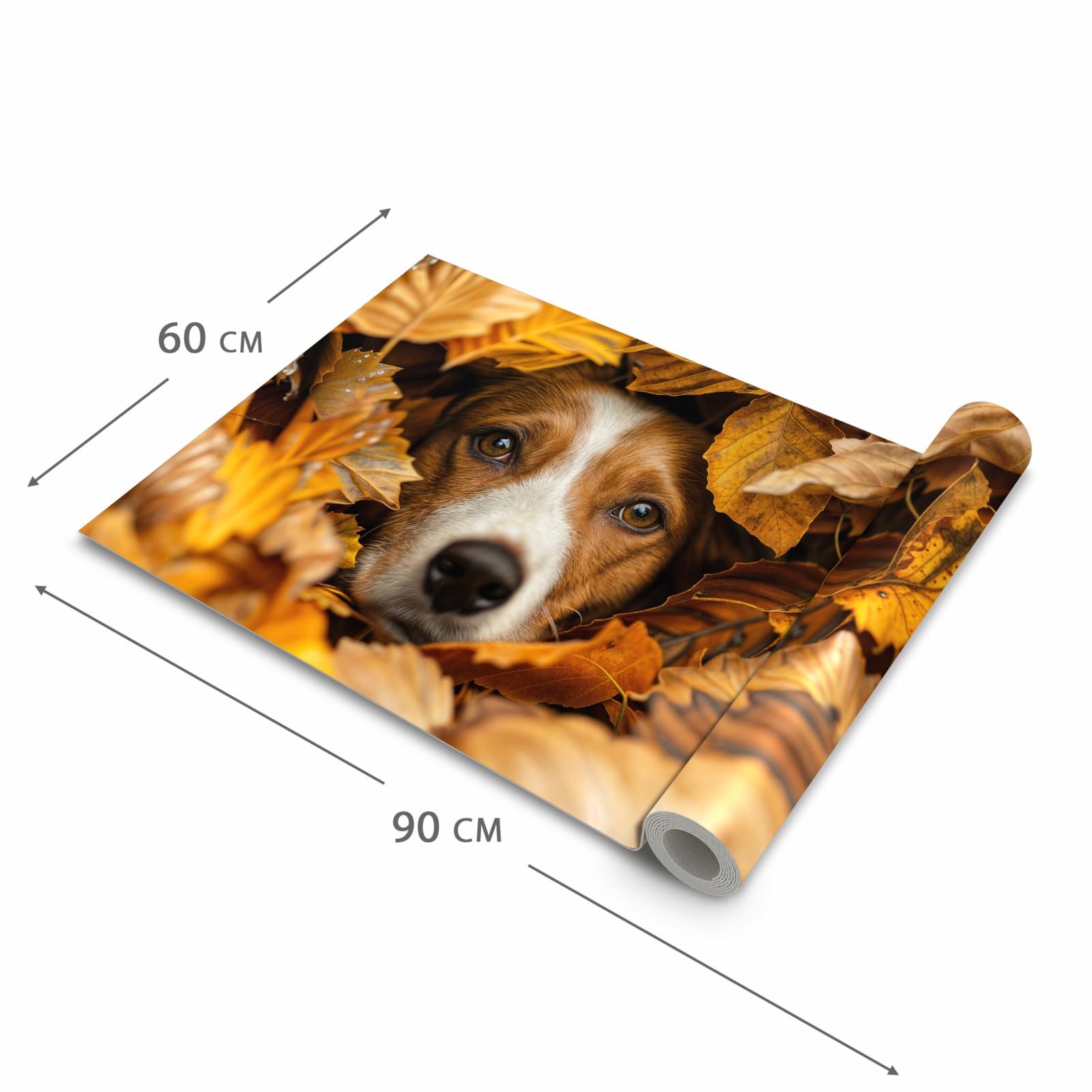 Geräuschdämpfender Küchenteppich mit Motiv Hund im Herbstlaub in der Grösse 60x300 cm