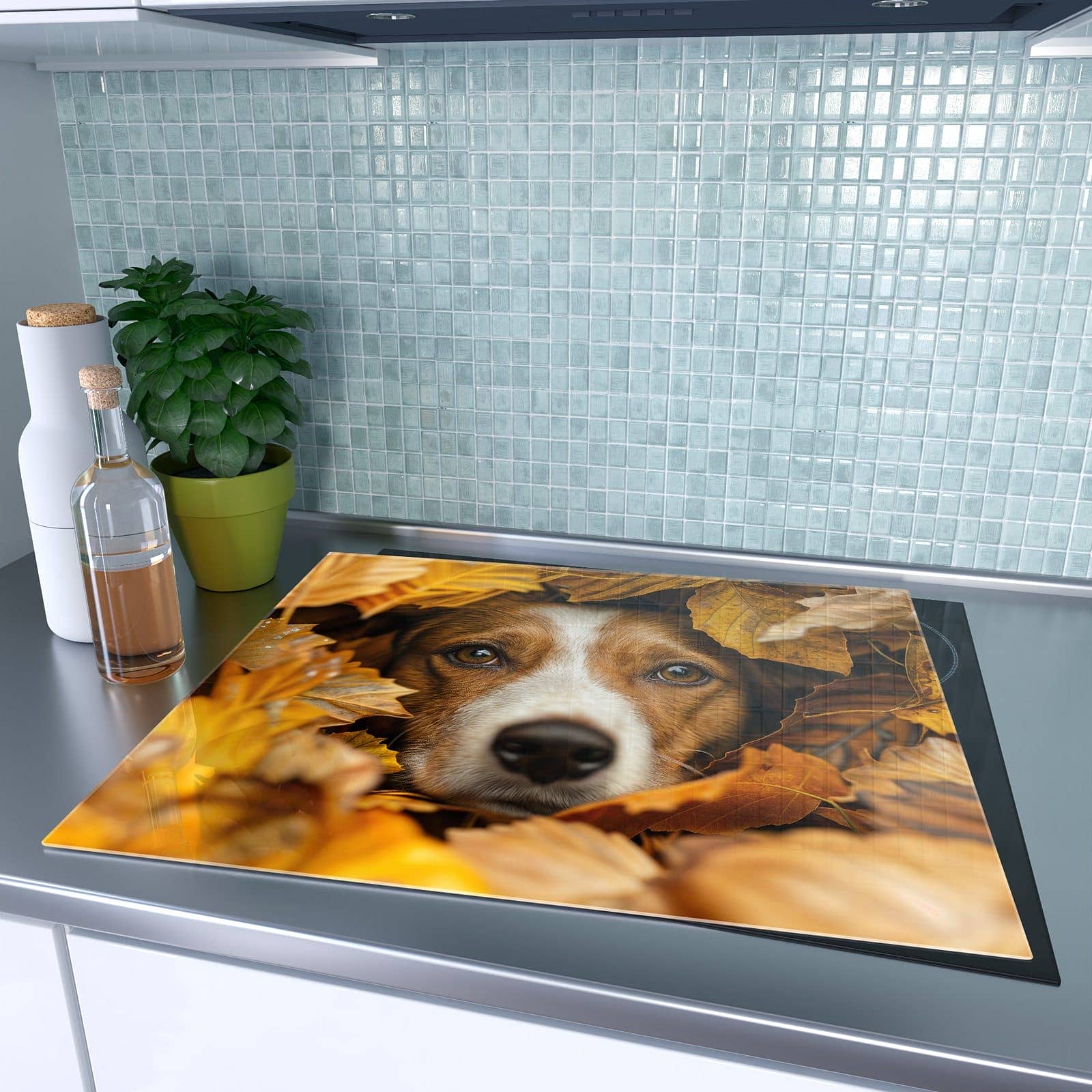 1-teilige Ceranfeldabdeckungen mit Hund im Herbstlaub-Motiv auf dem Ceranfeld