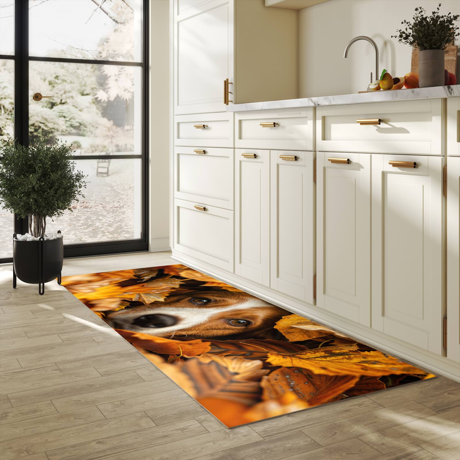 Geruchsneutraler rutschfester Küchenläufer mit Motiv Hund im Herbstlaub in heller Küche