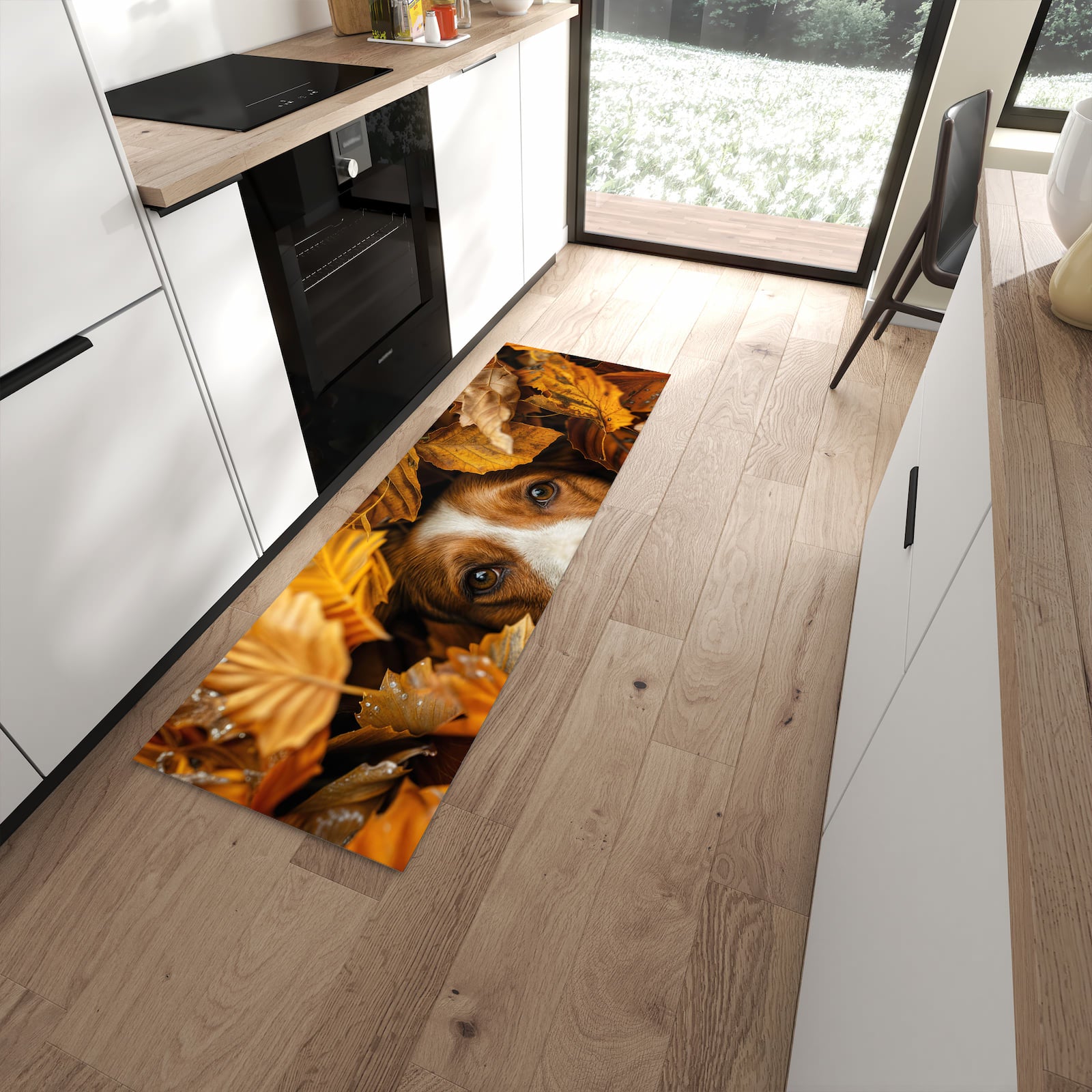 Flacher Küchenteppich mit Motiv Hund im Herbstlaub in moderner Küche für rutschfesten Stand