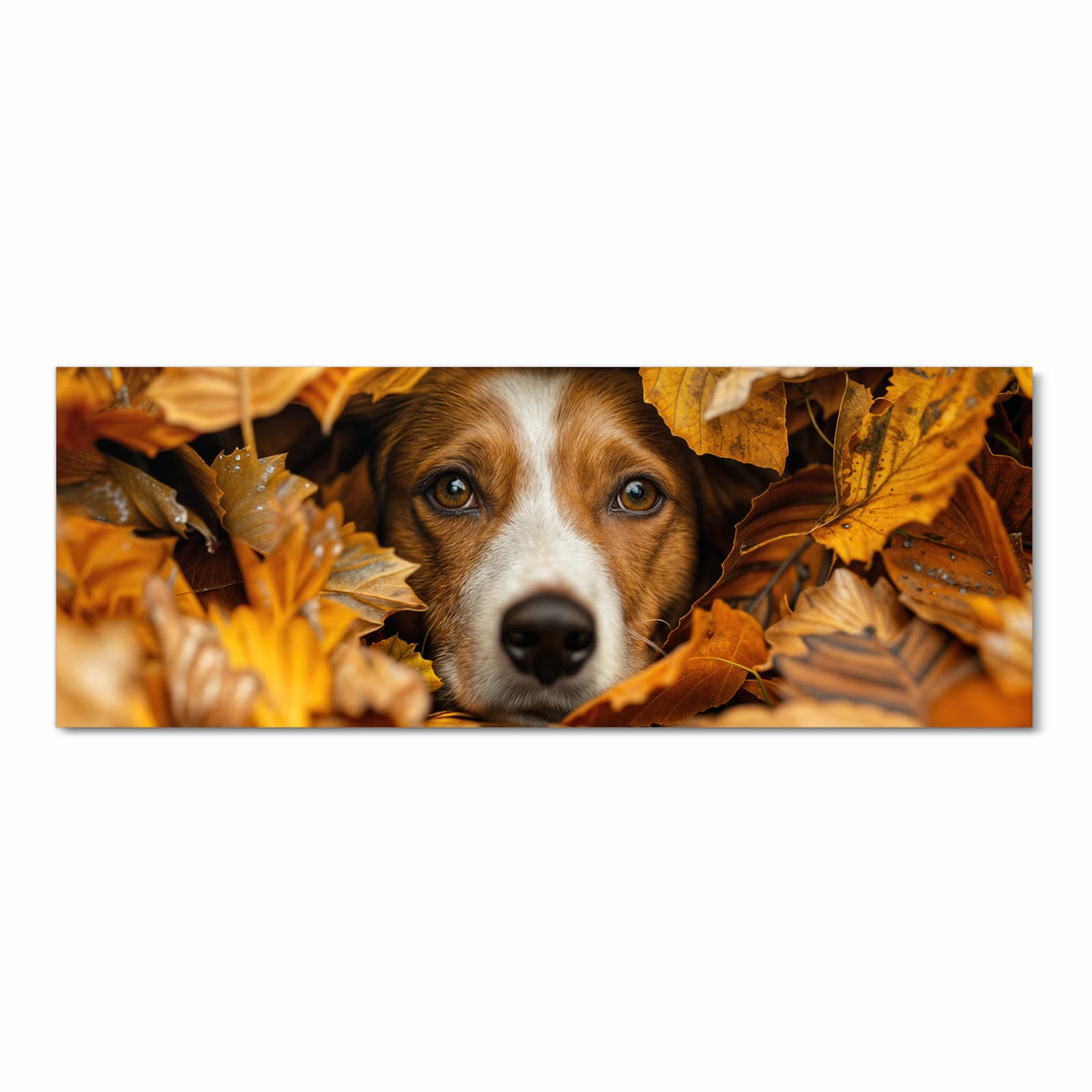 Fleckenresistenter Küchenteppich mit Motiv Hund im Herbstlaub in Frontansicht für die Küche