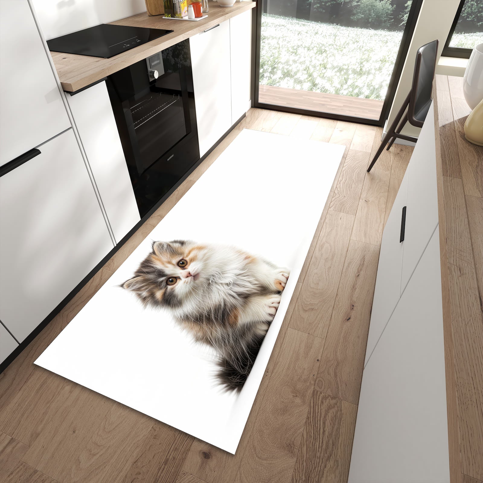 Schmutzabweisender Küchenteppich mit Motiv Flauschige Katze in moderner Küche