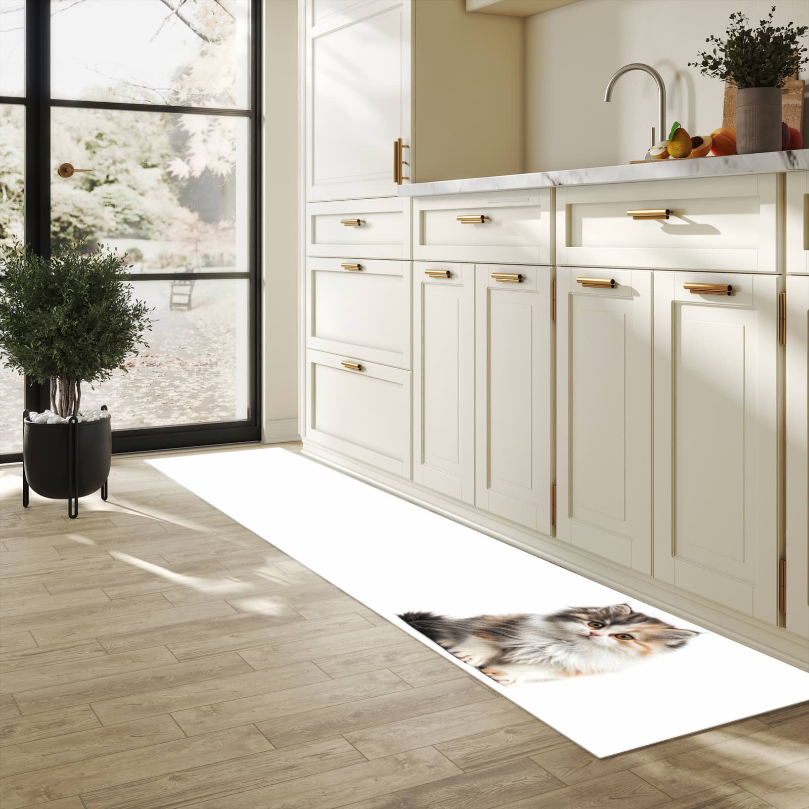 Hygienischer Teppich fürs Esszimmer mit Motiv Flauschige Katze in heller Küche