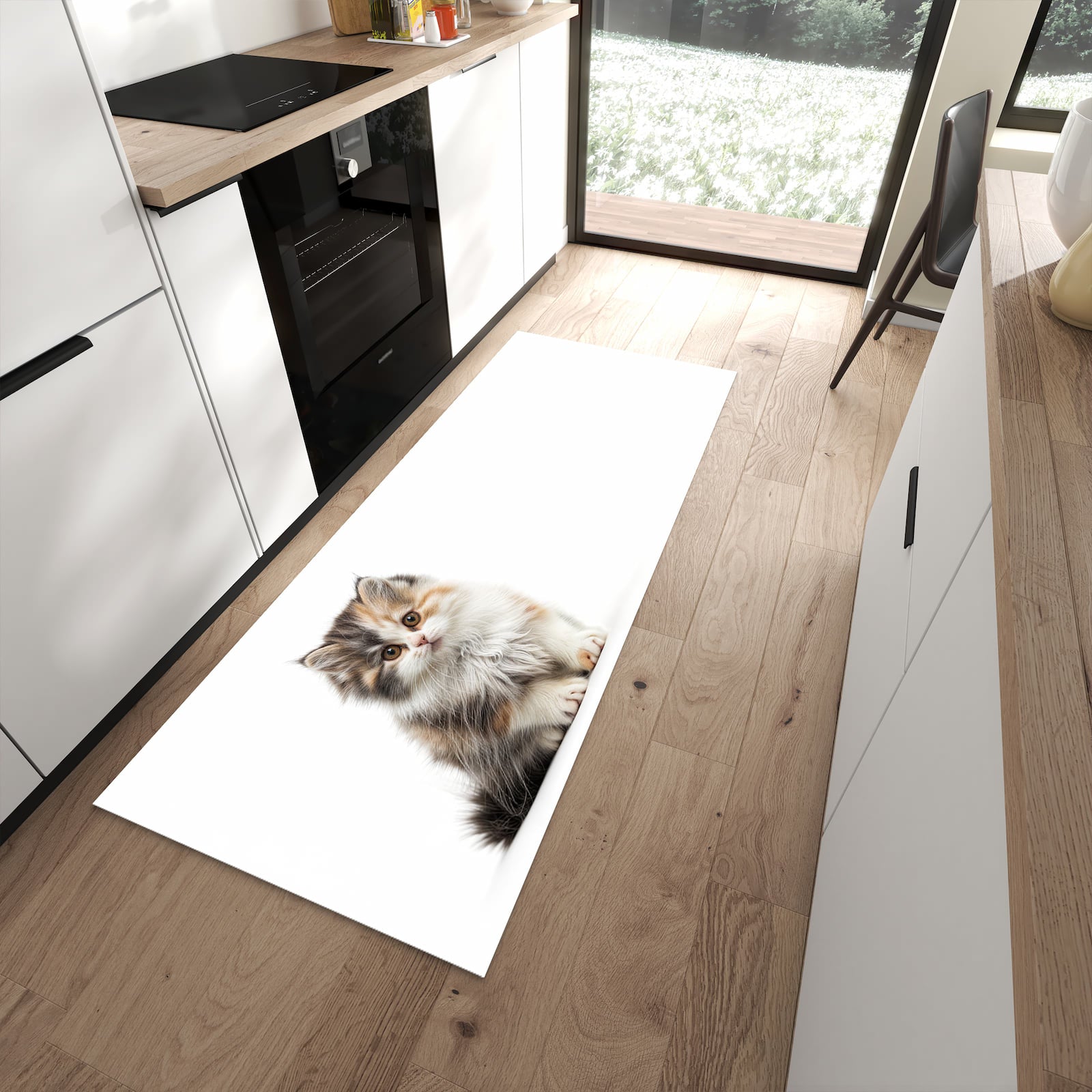 Abriebfester waschbarer Teppich fürs Esszimmer mit Motiv Flauschige Katze in moderner Küche