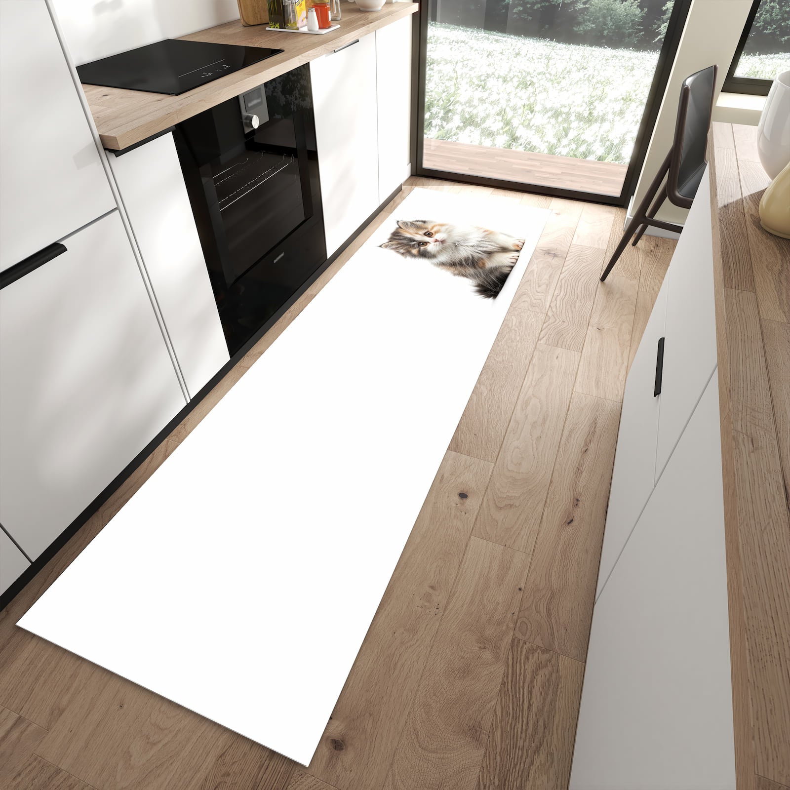 Rutschfester Küchenteppich mit Motiv Flauschige Katze für Trittkomfort in moderner Küche