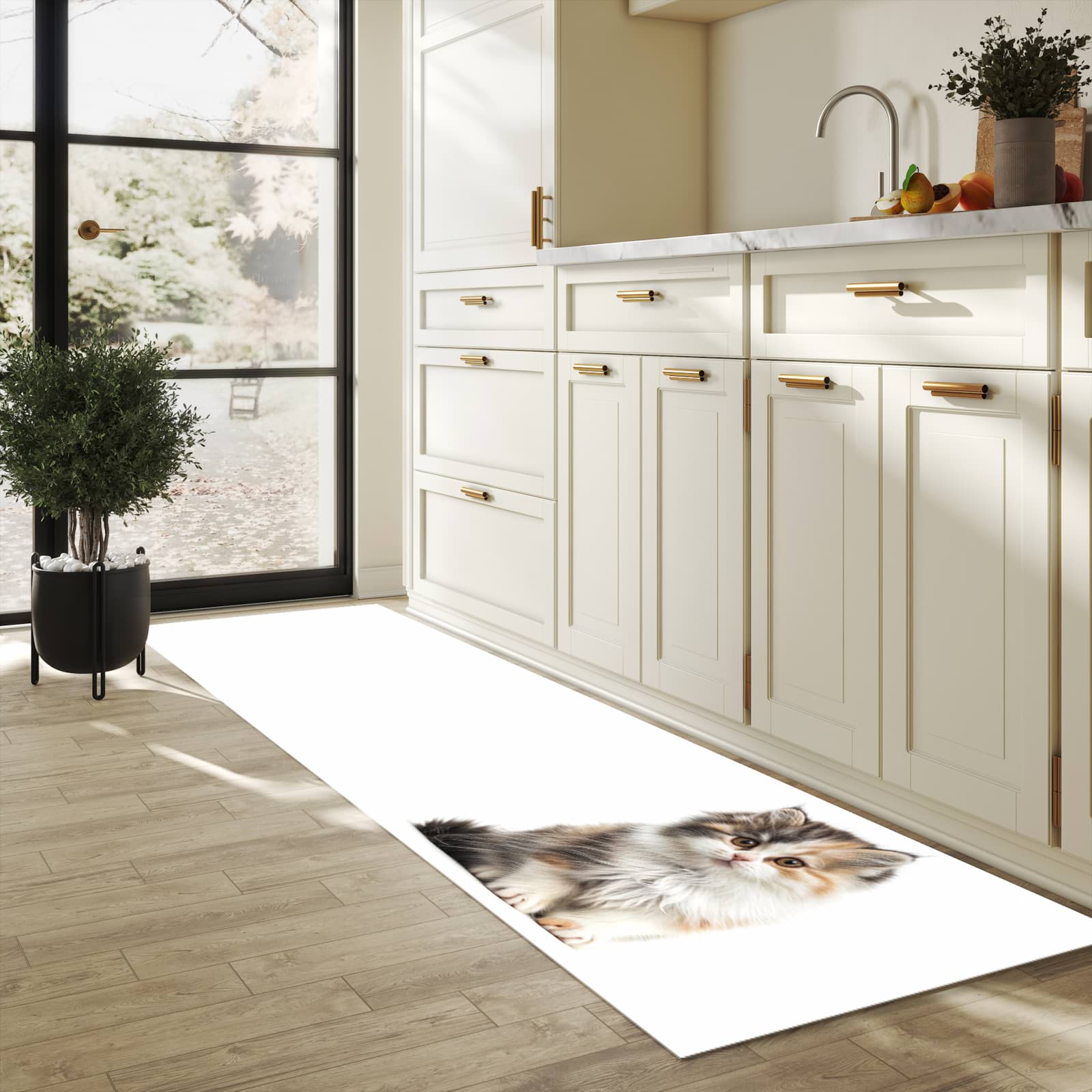 Feuchtigkeitsresistenter Küchenteppich mit Motiv Flauschige Katze in heller Küche