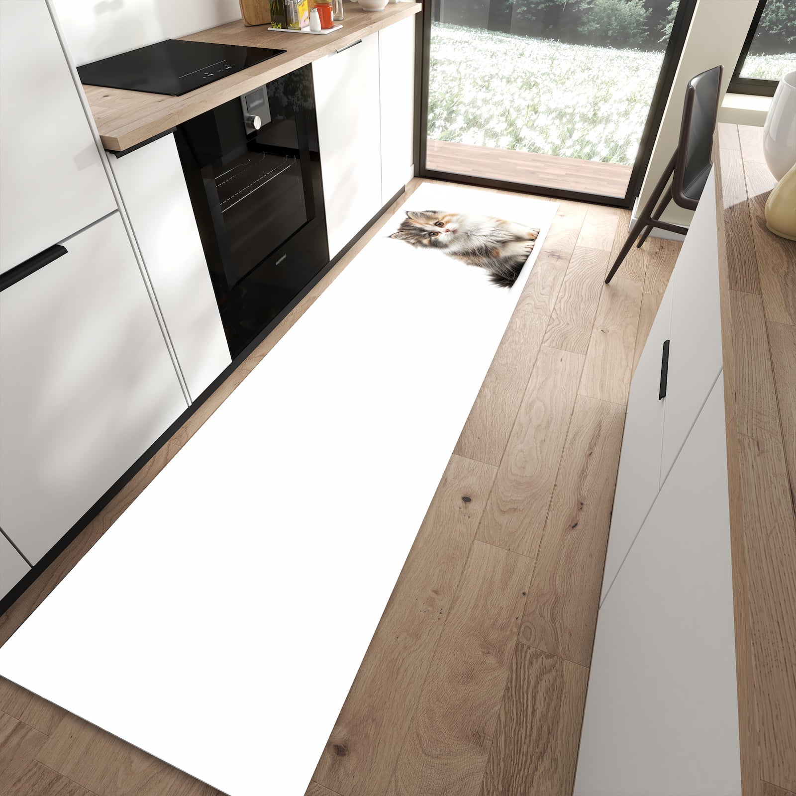 Wasserabweisender Bodenläufer mit Motiv Flauschige Katze in moderner Küche