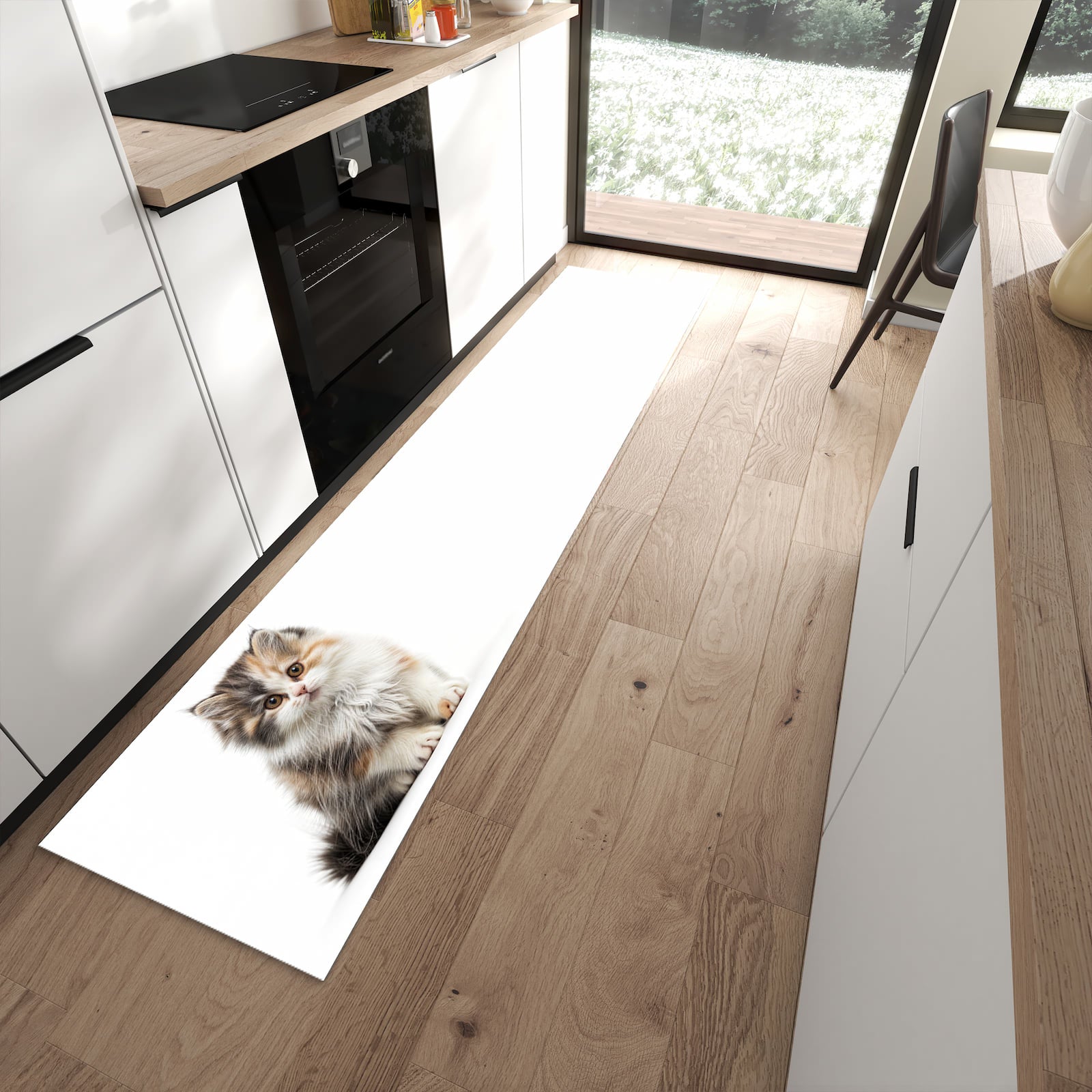 Dünner Küchenteppich mit Motiv Flauschige Katze in moderner Küche für sicheres Aufbewahren