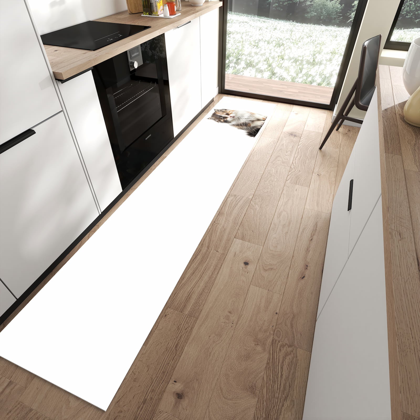 Rutschfester dünner Teppich mit Motiv Flauschige Katze spart Zeit in moderner Küche