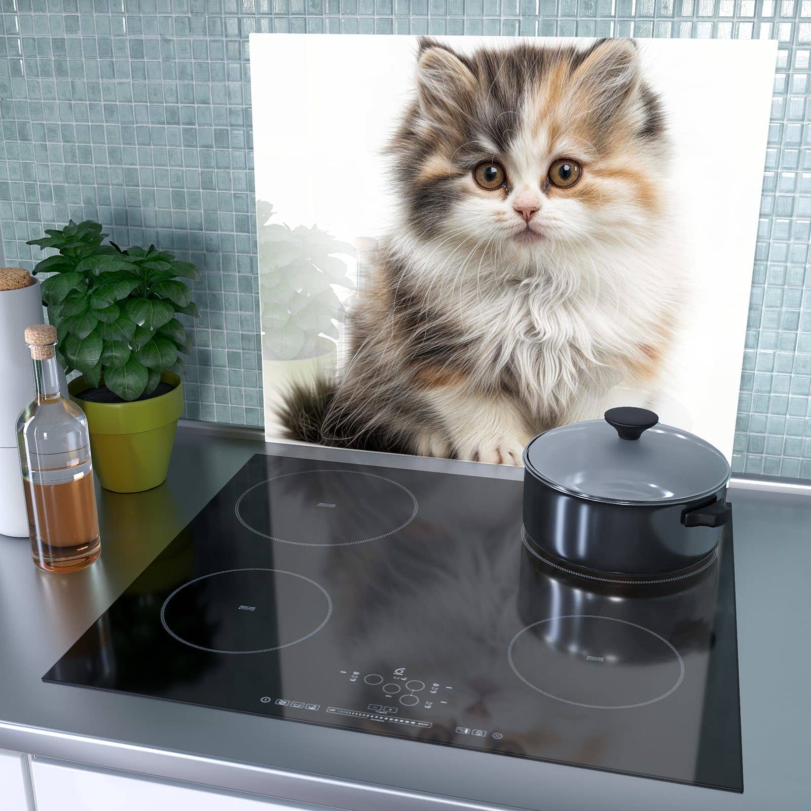 1-teilige Herd Schutzplatte mit Flauschige Katze-Motiv als Spritzschutz hinter dem Kochfeld