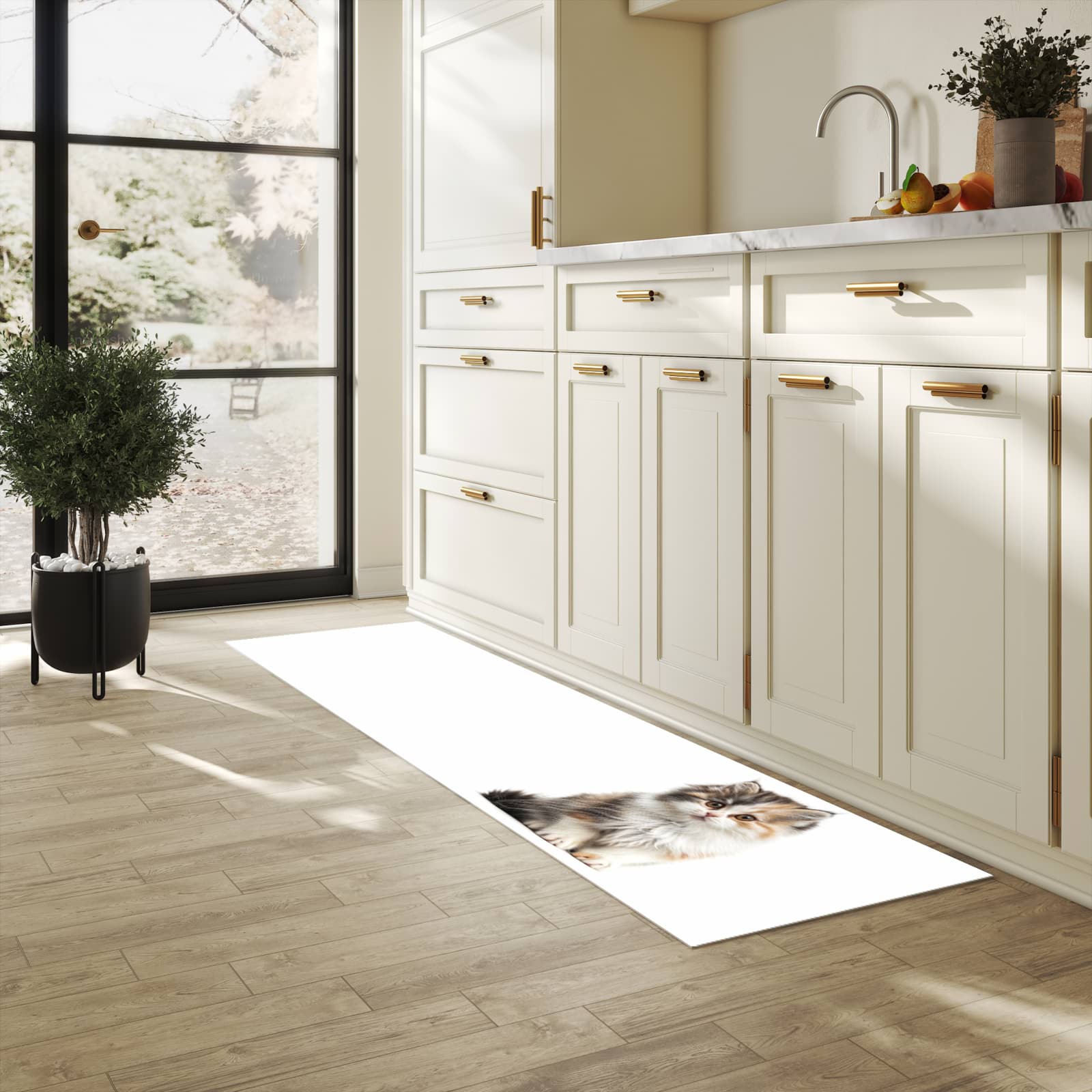 Rutschfester Küchenteppich mit Motiv Flauschige Katze in heller Küche, einfach zu reinigen