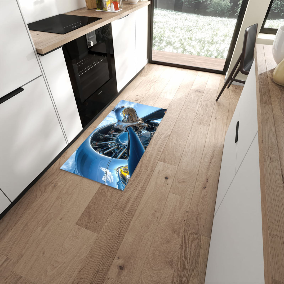 Flacher Küchenteppich mit Motiv Flugzeugmotor in moderner Küche #grösse_60 x 120 cm