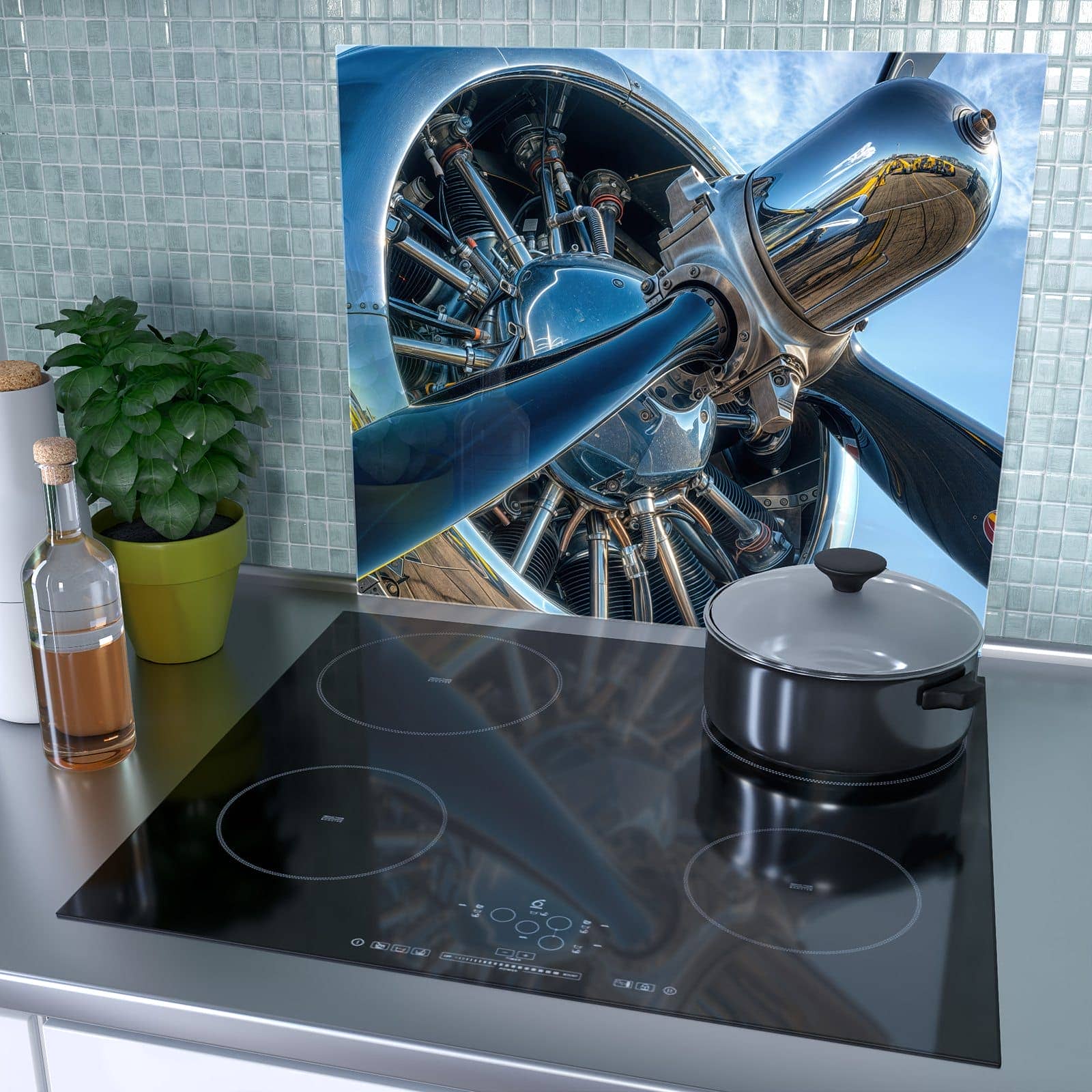 1-teilige Glasabdeckplatte für Ceranfeld mit Flugzeugmotor-Motiv als Spritzschutz hinter dem Kochfeld