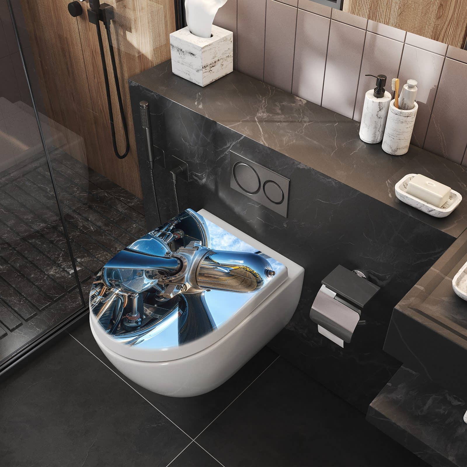 WC-Sitz mit Absenkautomatik Flugzeugmotor