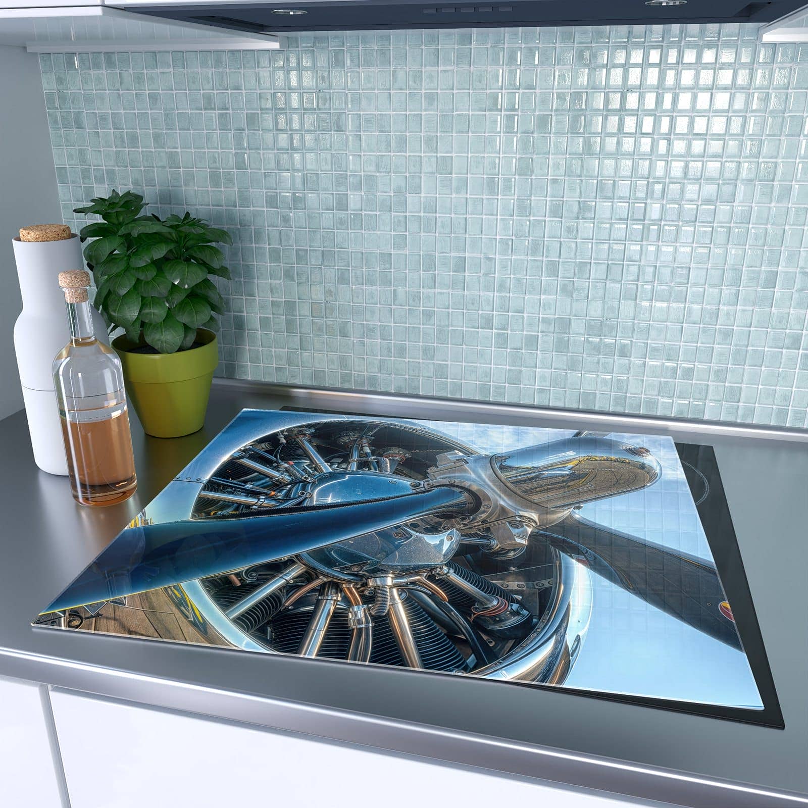 1-teilige Herdabdeckung für Induktionsfeld mit Flugzeugmotor-Motiv auf dem Ceranfeld