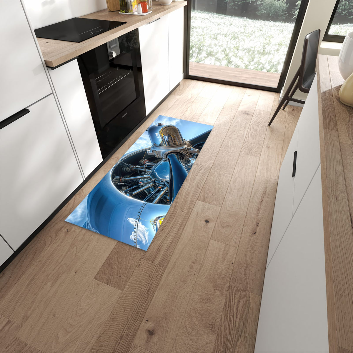 Pflegeleichter Küchenteppich mit Motiv Flugzeugmotor in moderner Küche #grösse_60 x 150 cm