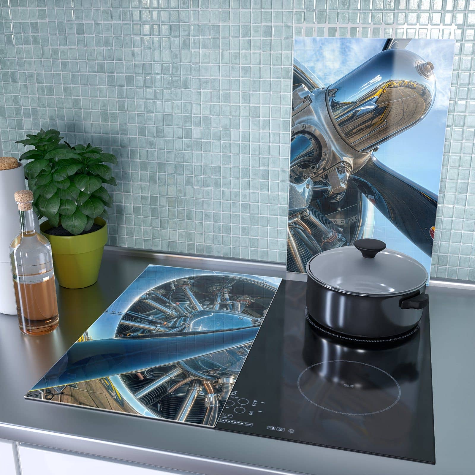 2-teilige Glasplatte für Herd mit Flugzeugmotor-Motiv als Spritzschutz hinter dem Kochfeld