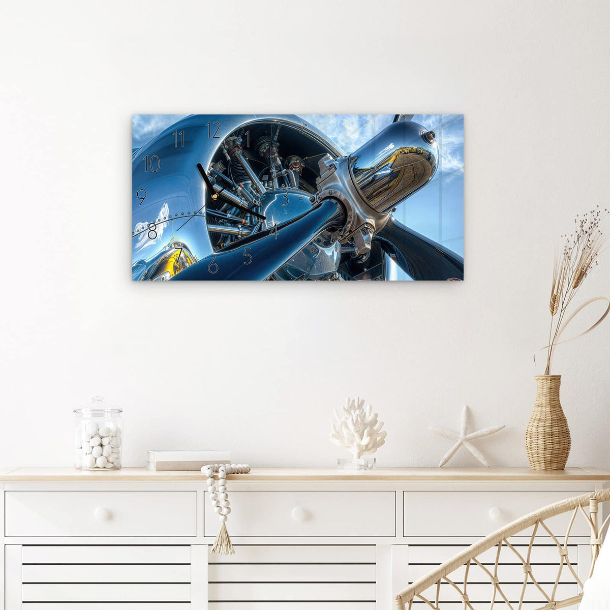 Wanduhr Flugzeugmotor aus Glas – Querformat 60 × 30 cm – Glänzender Propeller in Nahaufnahme