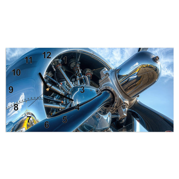 Wanduhr Flugzeugmotor aus Glas – Querformat 60 × 30 cm mit Ziffernblatt Modern