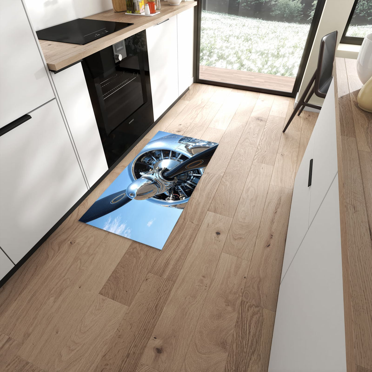 Farbbeständiger waschbarer Küchenläufer mit Motiv Flugzeugpropeller in moderner Küche #grösse_60 x 120 cm