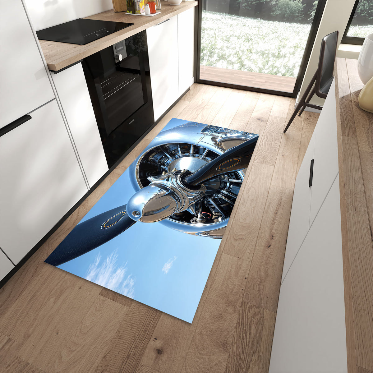 Geruchsneutraler Küchenteppich mit Motiv Flugzeugpropeller in moderner Küche