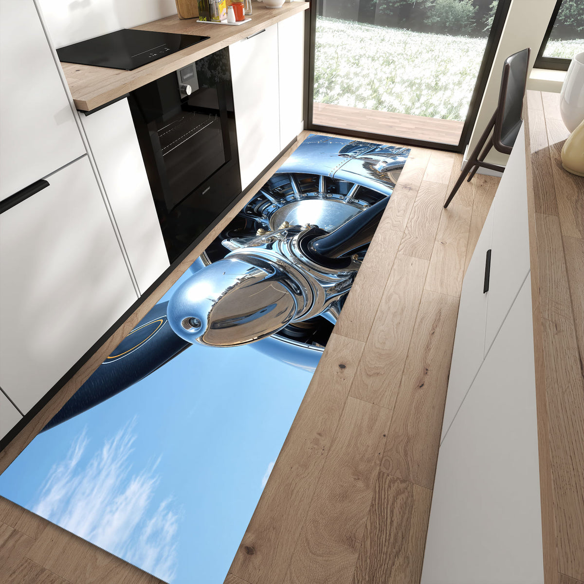 Schmutzabweisender Küchenteppich mit Motiv Flugzeugpropeller in moderner Küche