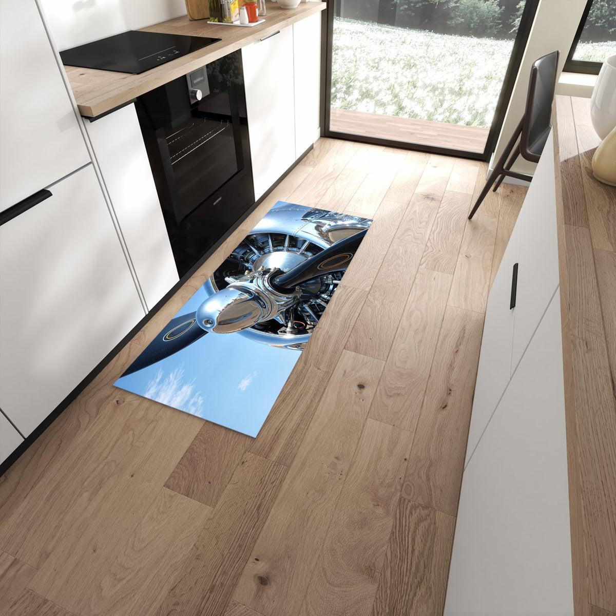 Formstabiler rutschfester Küchenläufer mit Motiv Flugzeugpropeller in moderner Küche #grösse_60 x 150 cm