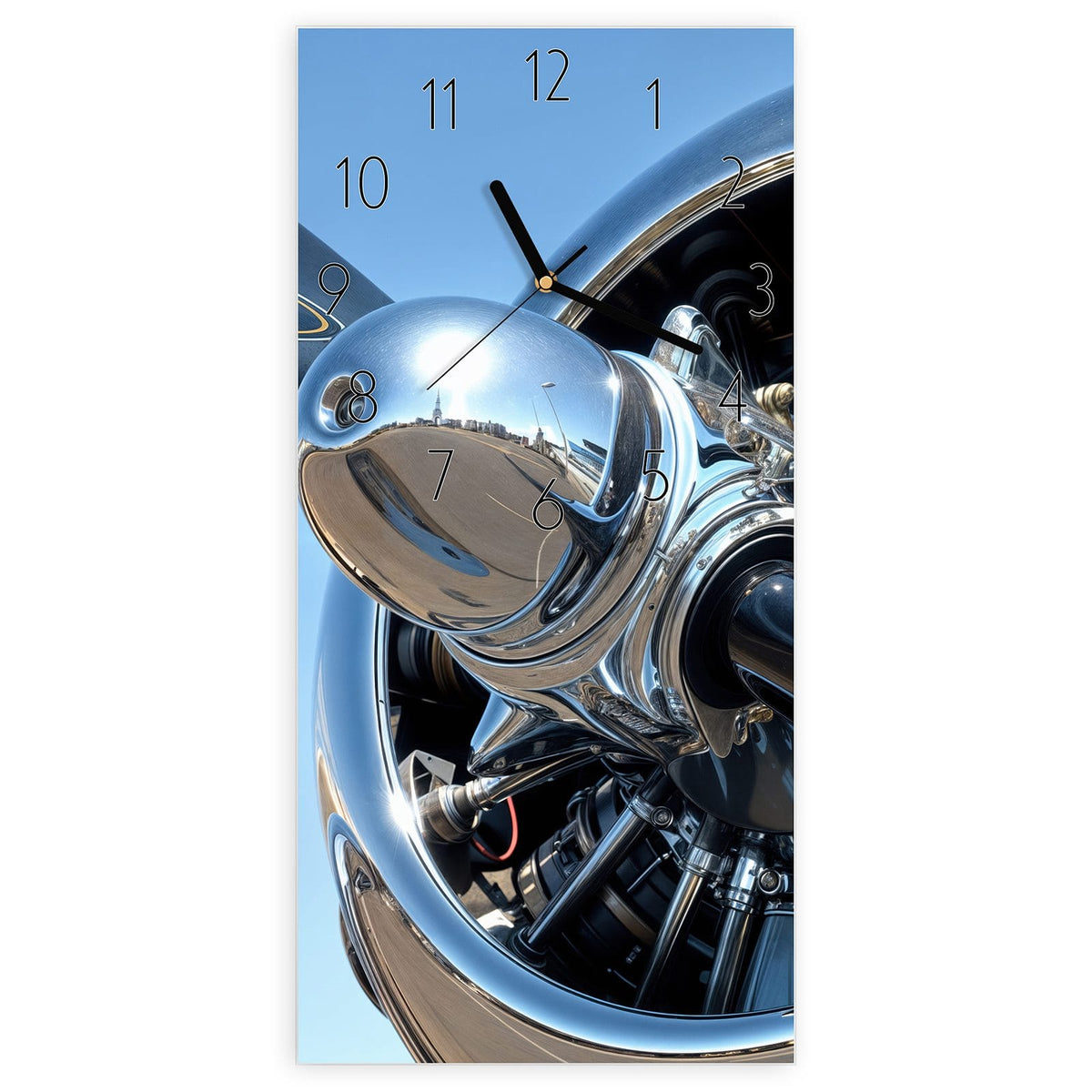 Wanduhr aus Glas, Ziffernblatt Elegant mit Motiv Flugzeugpropeller: Verchromter Sternmotor mit Propellerblatt vor blauem Himmel #ziffernblatt_Elegant