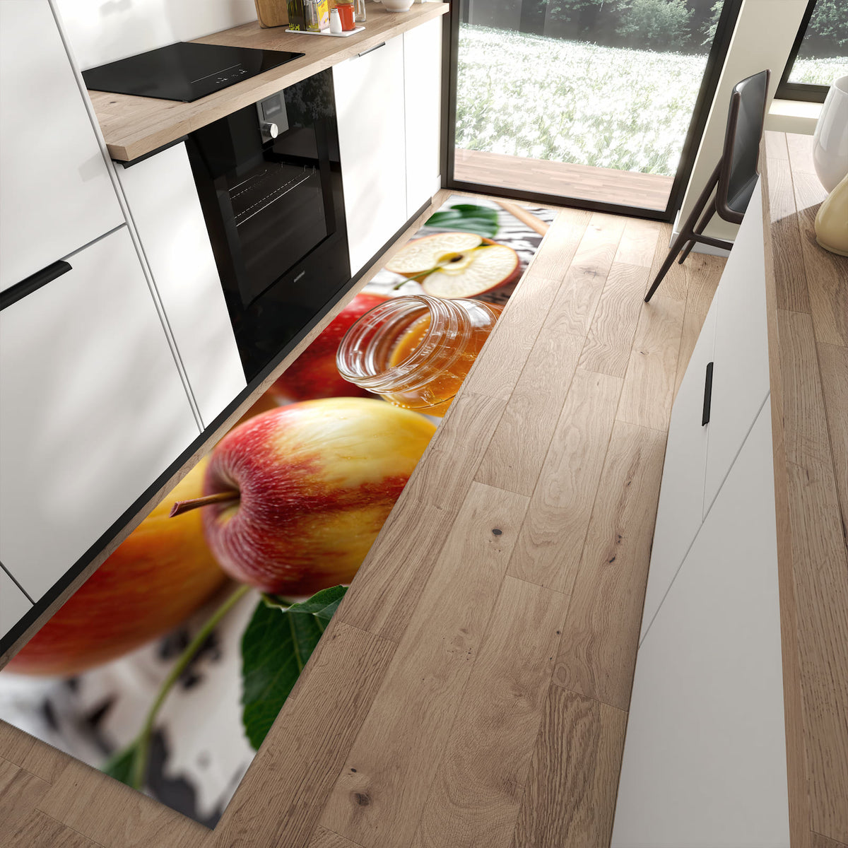 Strapazierfähiger rutschfester Küchenteppich mit Motiv Äpfel und Honig in moderner Küche