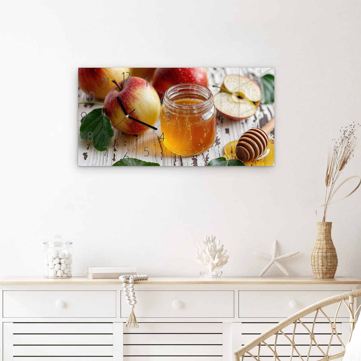 Wanduhr Äpfel und Honig aus Glas – Querformat 60 × 30 cm – Äpfel neben goldenem Honigglas