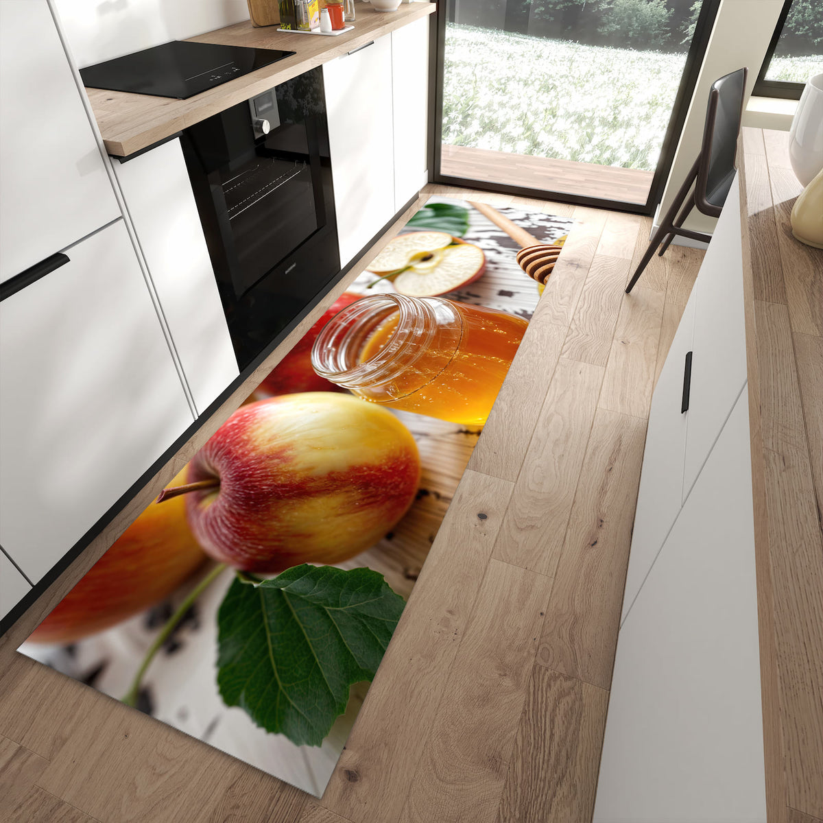 Feuchtigkeitsresistenter Küchenläufer mit Motiv Äpfel und Honig in moderner Küche