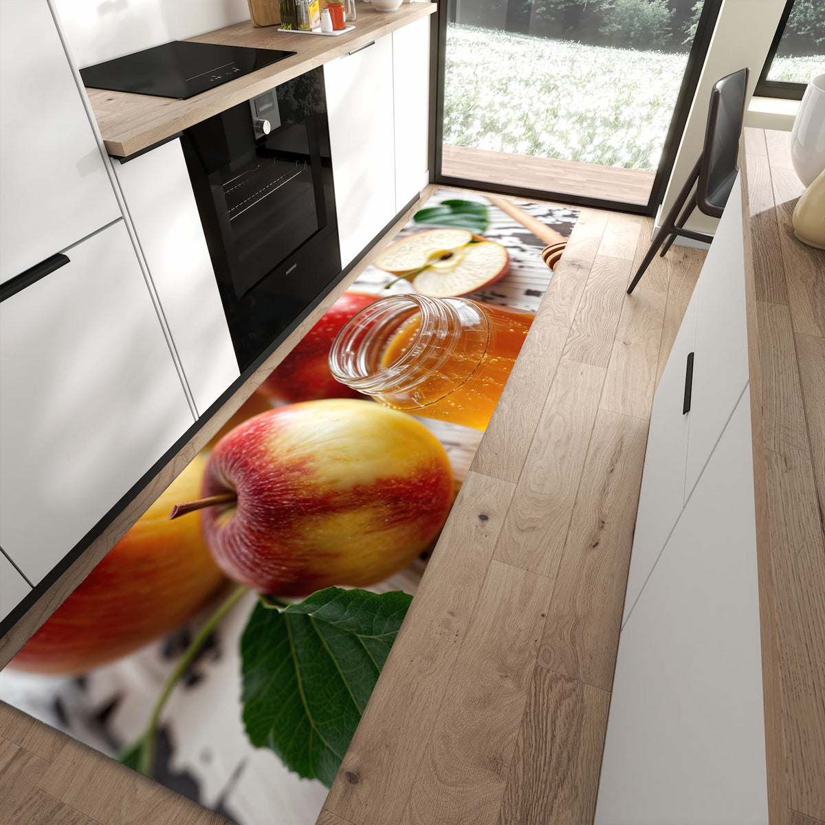 Rutschfester Küchenläufer mit Motiv Äpfel und Honig schützt Böden in moderner Küche