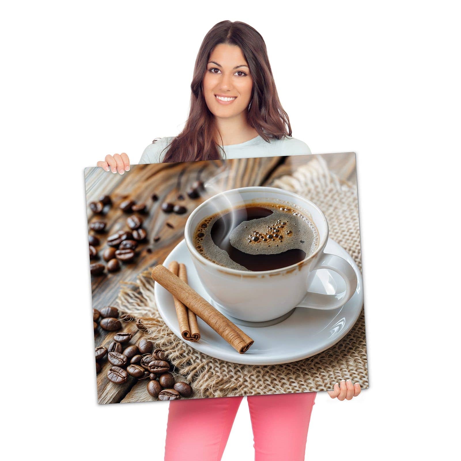 Ceranfeld Abdeckplatten mit Kaffee Zimt-Motiv werden zur Größendarstellung gehalten