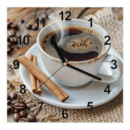 Wanduhr Quadratisch mit dem Motiv Kaffee mit Zimtstangen